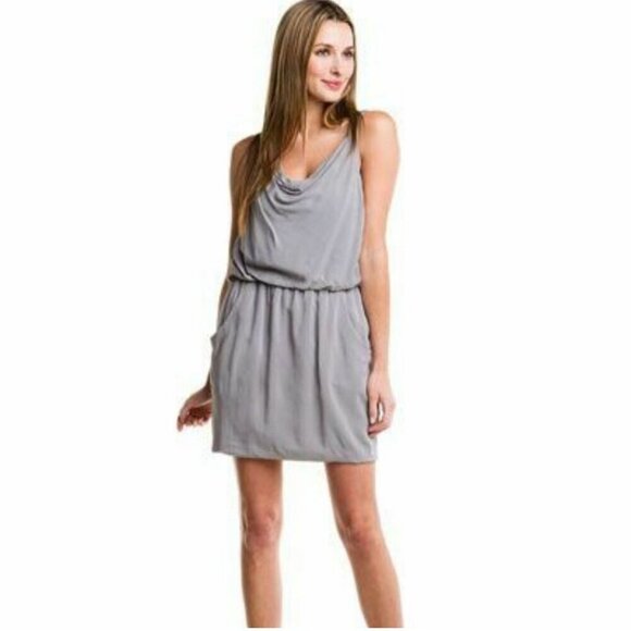 Theory Jaylyn Gray Draped Cowl Neck Asymmetric Strap Pocket Tank Mini Dress 4 - Picture 1 of 11
